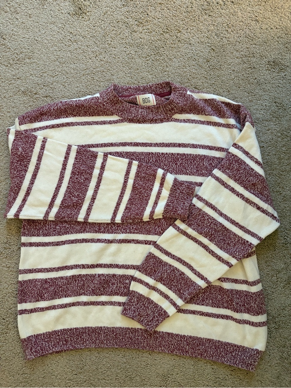 BDG URBAN OUTFITTERS Men's Maroon and Cream Striped Crew Sweater